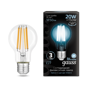 Лампа светодиодная Gauss Filament 102902220 20Вт цок.:E27 груша 220B св.свеч.бел.нейт. (упак.:10шт)