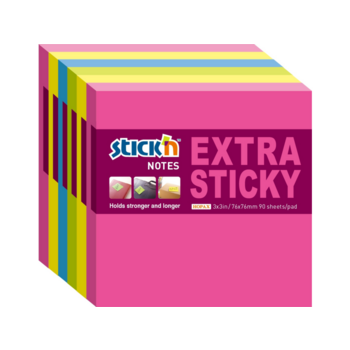 Блок самоклеящийся бумажный Stick`n Extra Sticky 21679 76x76мм 90лист. 70г/м2 неон ассорти (упак.:6шт)