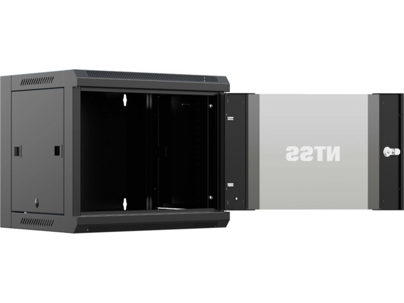 Шкаф коммутационный NTSS NTSS-W6U6045GS-BL настенный 6U 570x450мм пер.дв.стекл 60кг черный 350мм 18кг 220град. 370мм IP20 сталь