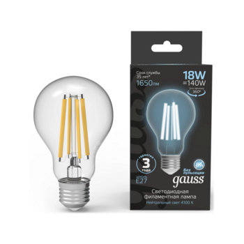 Лампа филам. Gauss Filament 18Вт цок.:E27 груша 220B св.свеч.бел.нейт. (упак.:10шт) (102902218)