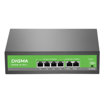 Коммутатор Digma DSP204F-2F-T80 DSP204F-2F-T80 V1 (L2) 6x100Мбит/с 4PoE 4PoE+ 80W неуправляемый