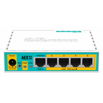 Маршрутизатор MikroTik hEX PoE lite with 650MHz CPU, 64MB RAM, 5xLAN (four with PoE out), USB, RouterOS L4, plastic case and PSU