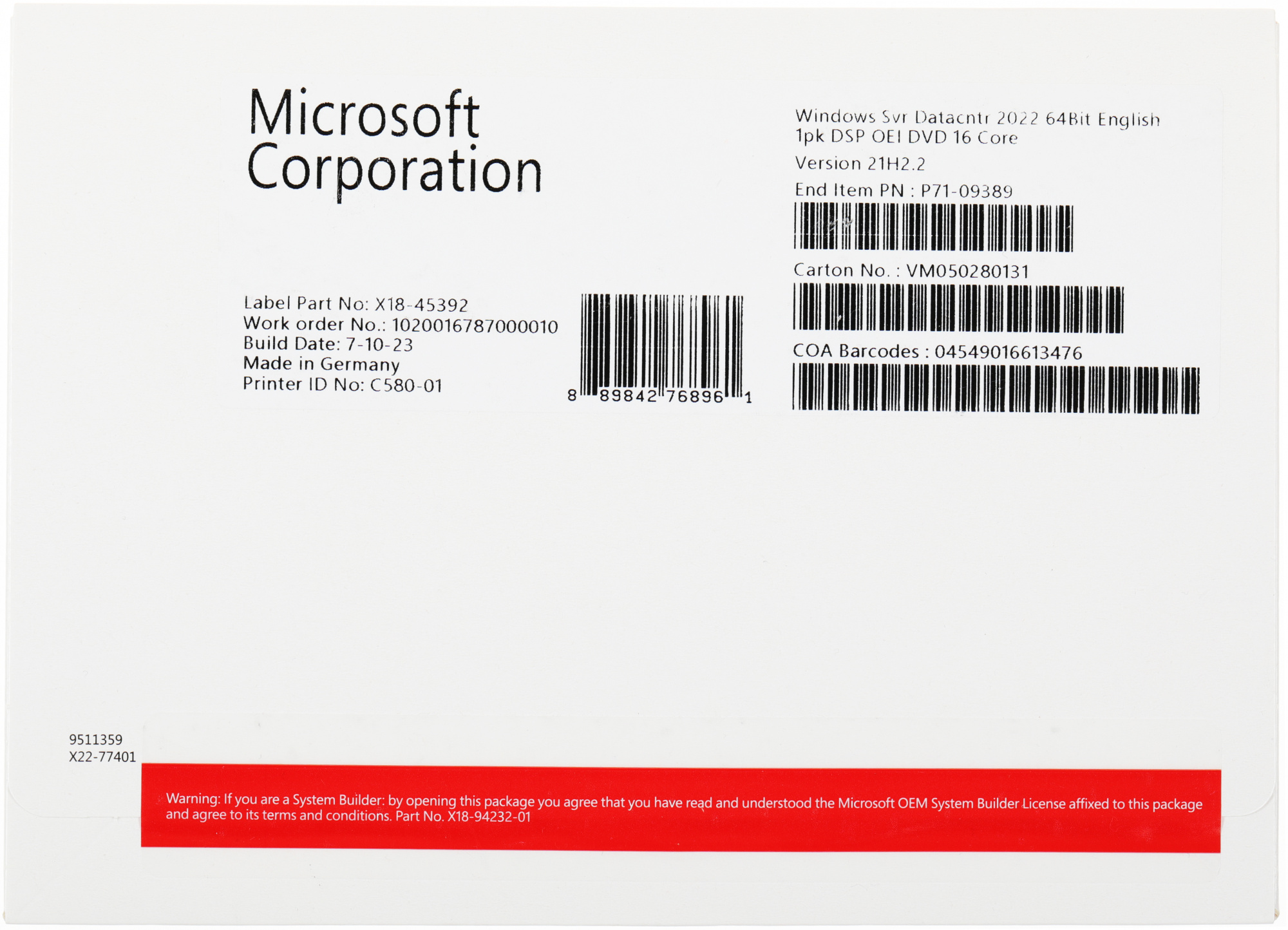 Комплект программного обеспечения Windows Svr Datacntr 2022 64Bit English 1pk DSP OEI DVD 16 Core