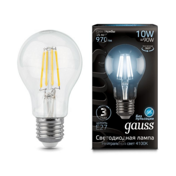 Лампа филам. Gauss Filament A60 10Вт цок.:E27 груша 220B 4100K св.свеч.бел.нейт. (упак.:1шт) (102802210)