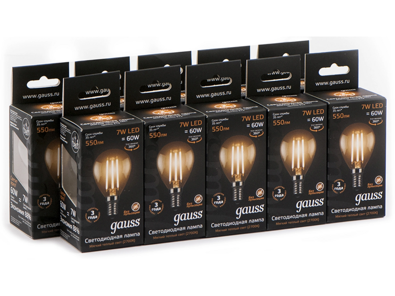 Лампа светодиодная Gauss 7Вт цок.:E14 шар 220B св.свеч.бел.теп. P45 (упак.:10шт) (105801107)