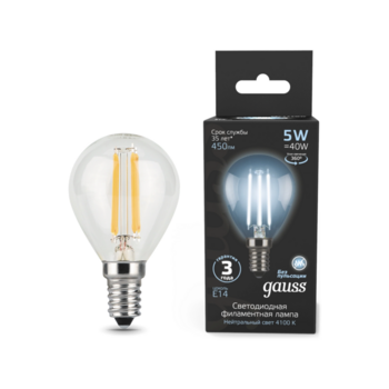 Лампа филам. Gauss Filament 5Вт цок.:E14 свеча 220B св.свеч.бел.нейт. (упак.:10шт) (105801205)
