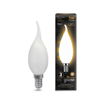 Лампа филам. Gauss Filament 5Вт цок.:E14 свеча 220B св.свеч.бел.теп. (упак.:10шт) (104201105)