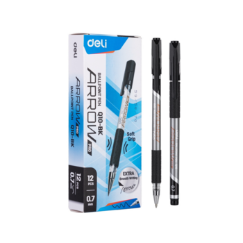 Набор ручек шариков. Deli Arrow (EQ10-BK-P) синий мет./черный черн. черн. кор.карт. (12шт) сменный стержень линия 0.7мм резин. манжета