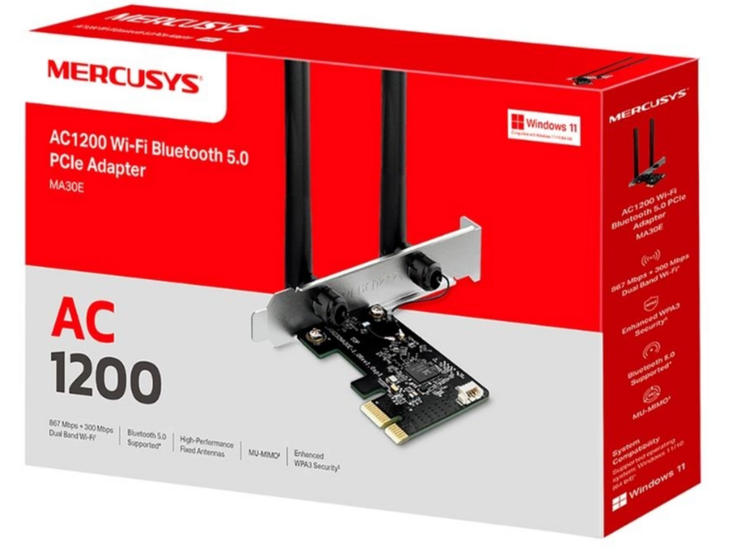 Сетевой адаптер Wi-Fi + Bluetooth Mercusys MA30E AC1200 PCI Express (ант.внеш.несъем.) 2ант.