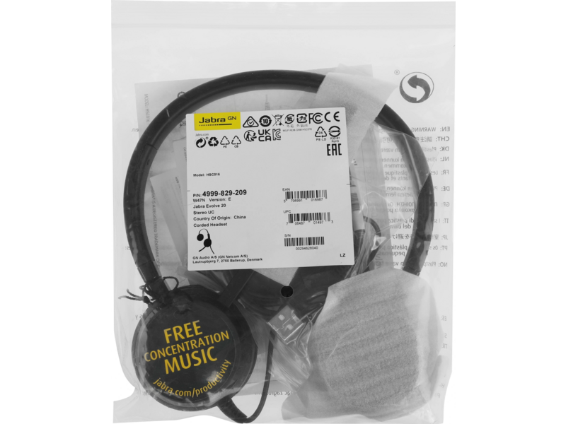 Наушники с микрофоном Jabra Evolve 20 UC Duo черный 1.2м накладные USB оголовье (4999-829-209)