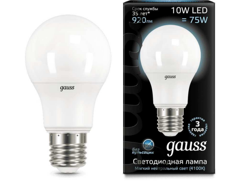 Лампа светодиодная Gauss A60 10Вт цок.:E27 груша 220B 4100K св.свеч.бел.нейт. A60 (упак.:1шт) (102502210)