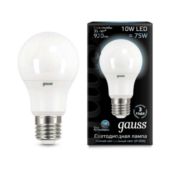 Лампа светодиодная Gauss A60 10Вт цок.:E27 груша 220B 4100K св.свеч.бел.нейт. A60 (упак.:1шт) (102502210)