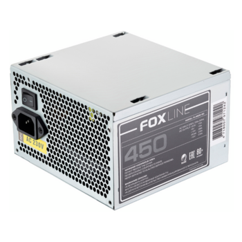 Блок питания 450Вт Блок питания 450Вт/ Power Supply Foxline, 450W, ATX, APFC, 120FAN, CPU 4+4 pin, MB 24pin, 5xSATA, 2xPATA, 1xFDD, 1xPCI-E 6pin, 80+