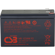 Батарея CSB серия HR, HR1234W F2, напряжение 12В, емкость 8.5Ач (разряд 20 часов), 34 Вт/Эл при 15-мин. разряде до U кон. - 1.67 В/Эл при 25 °С, макс. ток разряда (5 сек.) 130А, ток короткого замыкания 349А, макс. ток заряда 3.4A, свинцово-кислотная типа