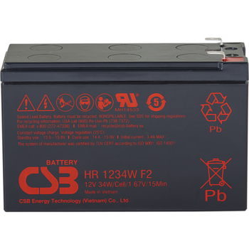 Батарея CSB серия HR, HR1234W F2, напряжение 12В, емкость 8.5Ач (разряд 20 часов), 34 Вт/Эл при 15-мин. разряде до U кон. - 1.67 В/Эл при 25 °С, макс. ток разряда (5 сек.) 130А, ток короткого замыкания 349А, макс. ток заряда 3.4A, свинцово-кислотная типа