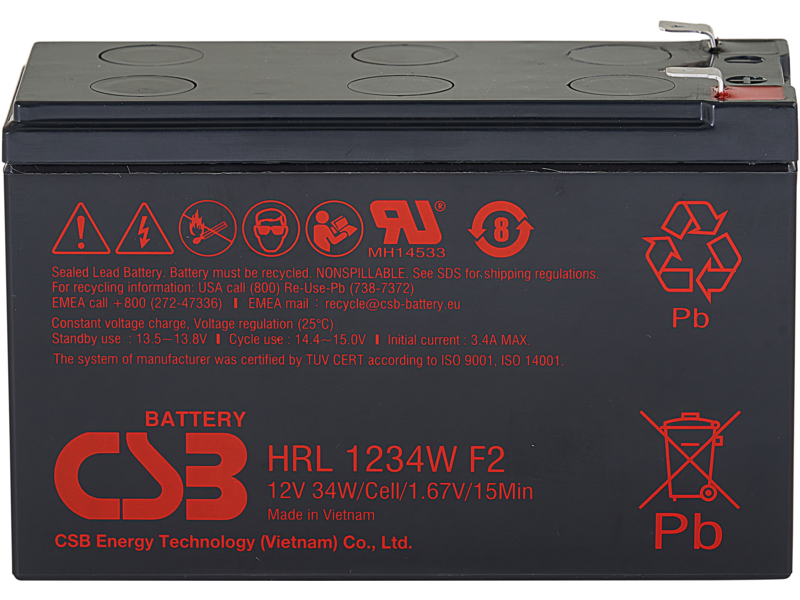 Батарея CSB серия HRL, HRL1234W F2 FR, напряжение 12В, емкость 8.5Ач (разряд 20 часов), 34 Вт/Эл при 15-мин. разряде до U кон. - 1.67 В/Эл при 25 °С, макс. ток разряда (5 сек.) 130А, ток короткого замыкания 367А, макс. ток заряда 3.4A, свинцово-кислотная