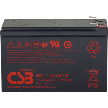Батарея CSB серия HRL, HRL1234W F2 FR, напряжение 12В, емкость 8.5Ач (разряд 20 часов), 34 Вт/Эл при 15-мин. разряде до U кон. - 1.67 В/Эл при 25 °С, макс. ток разряда (5 сек.) 130А, ток короткого замыкания 367А, макс. ток заряда 3.4A, свинцово-кислотная