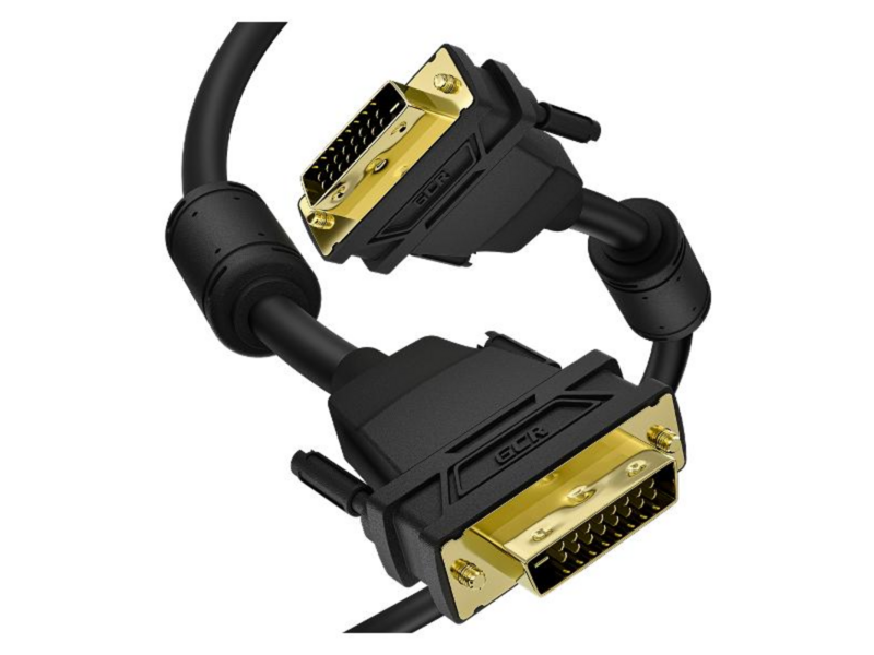 GCR Кабель PROF 5.0m DVI-D, черный, GOLD, ферритовые кольца, OD 8.5mm, 28 AWG, DVI/DVI, 25M/25M, двойной экран
