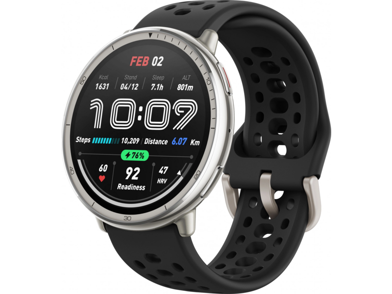 Смарт-часы Amazfit Active 2R A2437 43.9мм 1.32" AMOLED корп.серебристый рем.черный разм.брасл.:135-195мм (6970100377712)