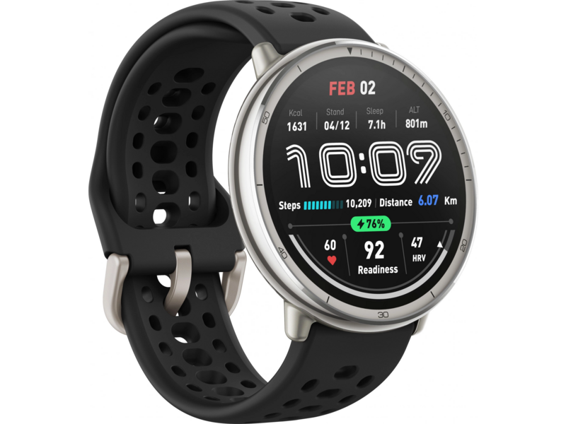 Смарт-часы Amazfit Active 2R A2437 43.9мм 1.32" AMOLED корп.серебристый рем.черный разм.брасл.:135-195мм (6970100377712)