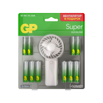 Батарея GP Super 15A/24A/FANWETA21-2CRSBC24 AA/AAA (промо:Вентилятор в подарок) (24шт) блистер