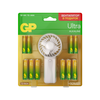 Батарея GP Ultra 15AU/24AU/FANWETA21-2CRSBC24 AA/AAA (промо:Вентилятор в подарок) (24шт) блистер