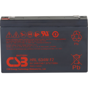 Батарея CSB серия HRL, HRL634W F2 FR, напряжение 6В, емкость 8.5Ач (разряд 20 часов), 34 Вт/Эл при 15-мин. разряде до U кон. - 1.67 В/Эл при 25 °С, макс. ток разряда (5 сек.) 130А, ток короткого замыкания 380А, макс. ток заряда 3.4A, свинцово-кислотная ти