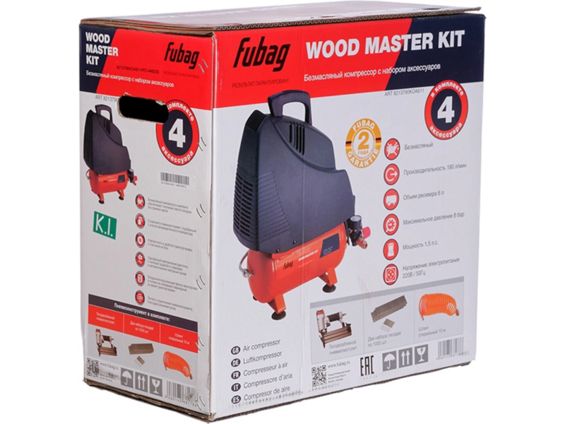 Компрессор поршневой Fubag Wood Master Kit безмасляный 180л/мин 6л 1100Вт красный/черный