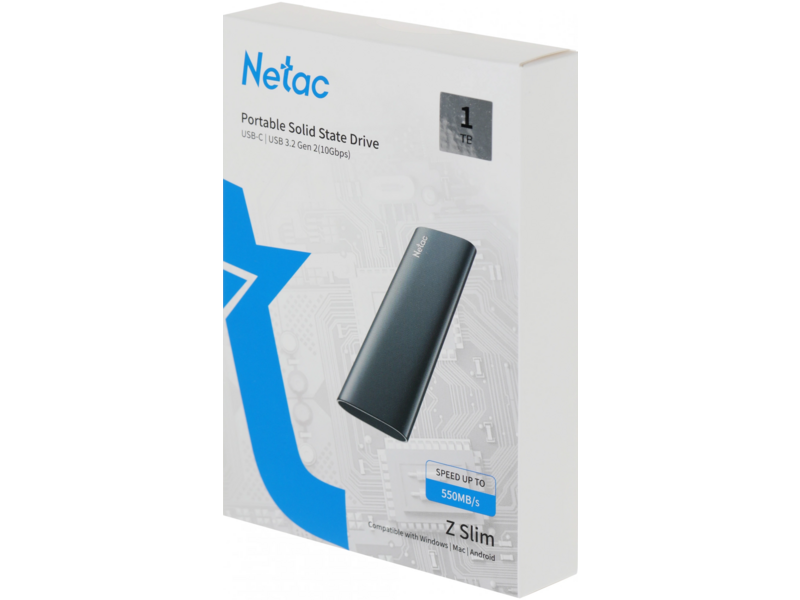 Накопитель SSD Netac USB-C 1Tb NT01ZSLIM-001T-32BK Z Slim 1.8" черный