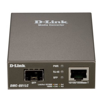 Медиаконвертер D-Link DMC-G01LC/A1A Медиаконвертер DMC-G01LC преобразует сигнал из стандарта 100Base-TX/1000BASE-T Gigabit Ethernet на витой паре в сигнал стандарта 1000BASE-SX/LX Gigabit Ethernet по оптическому кабелю