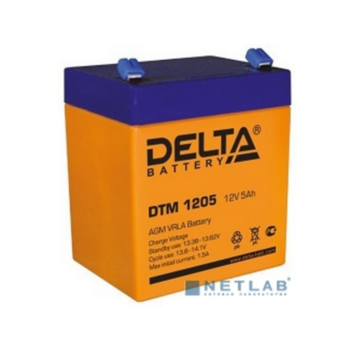 Батарея DELTA серия DTM, DTM 1205, напряжение 12В, емкость 5Ач (разряд 20 часов), макс. ток разряда (5 сек.) 75А, макс. ток заряда 1.5А, свинцово-кислотная типа AGM, клеммы F2, ДxШxВ 90х70х101мм., вес 1.8кг., срок службы 6 лет. Батарея DELTA серия DTM, D
